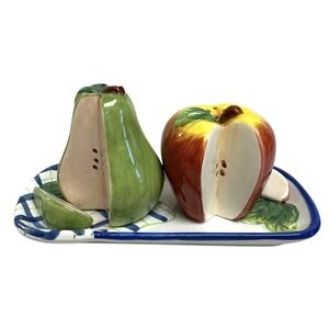 Bella‎ Casa By Ganz Ceramic Apple & Pear Salt & Pepper Shakers With Tray Novelty